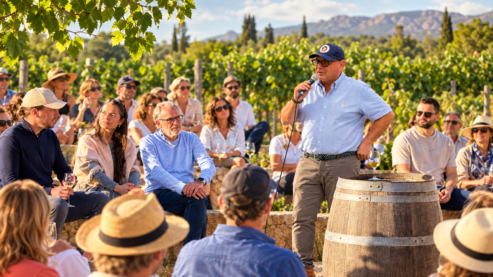 Michael Johannes beim Longevity-Vortrag im Weinberg auf Mallorca